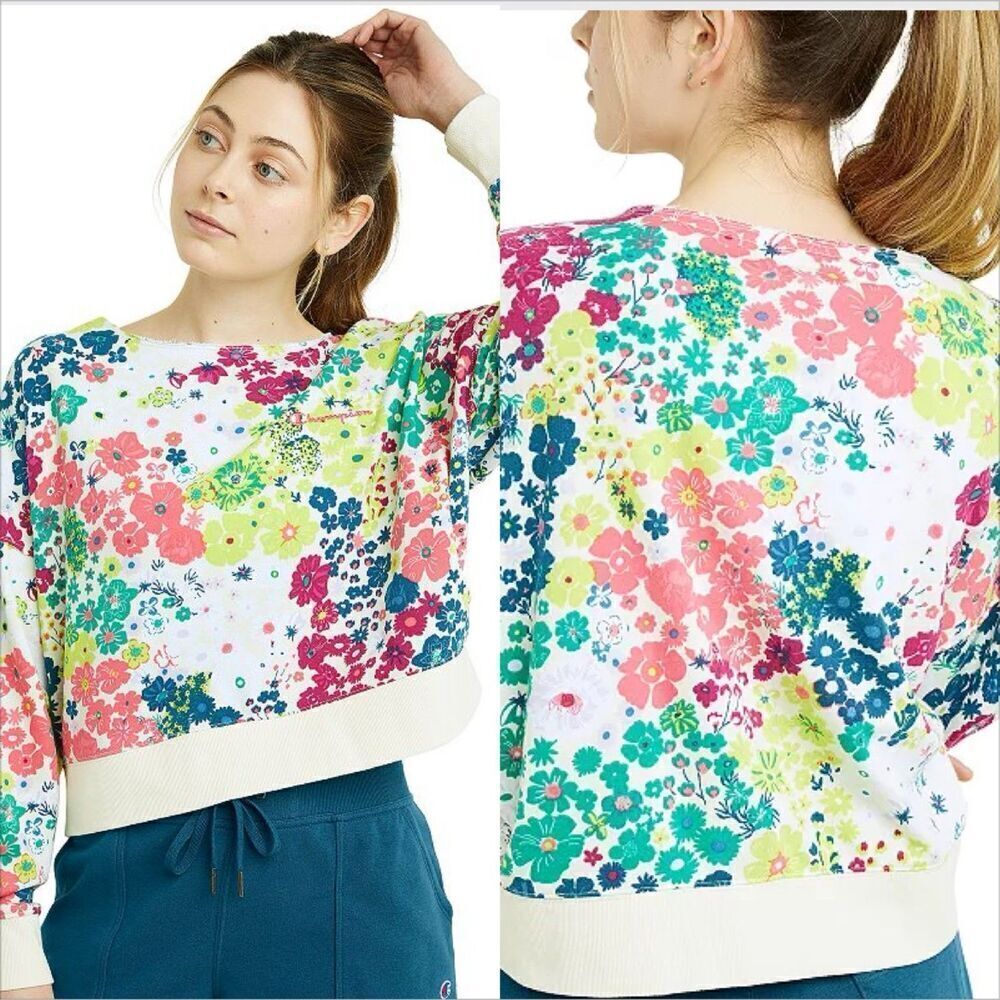 Champion Campus French Terry Sweatshirt Size Large NEW Floral Raw Neckline